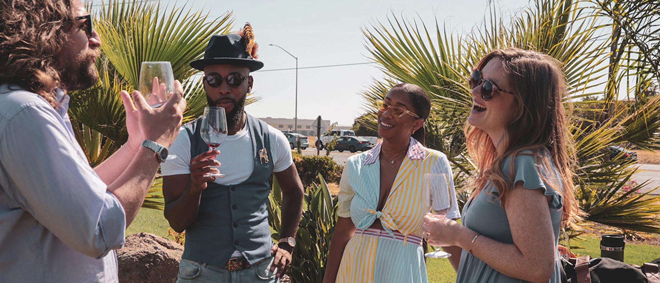 Stylish tasting room guests chatting