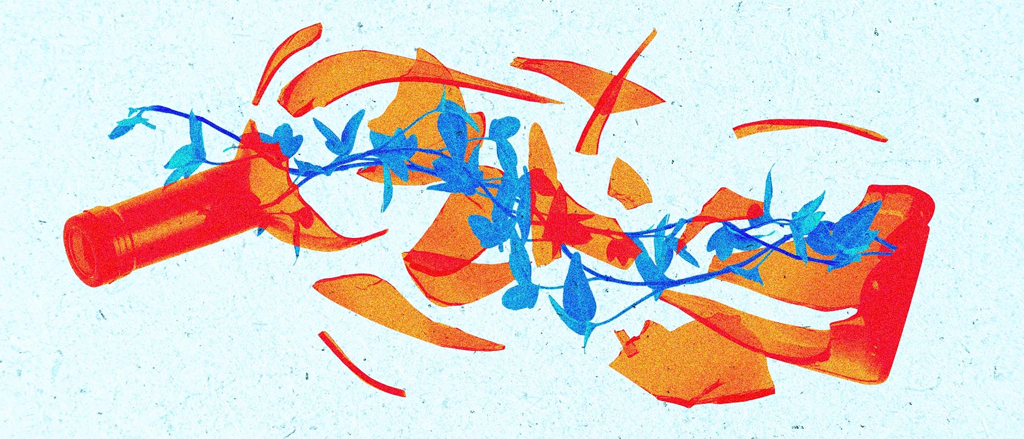 Abstract illustration of a wine bottle and leaves