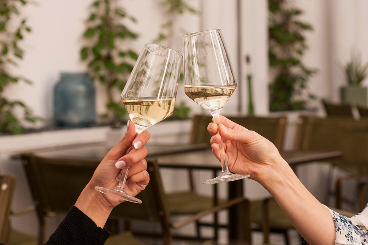 Two women toasting glasses of Sauvignon Blanc