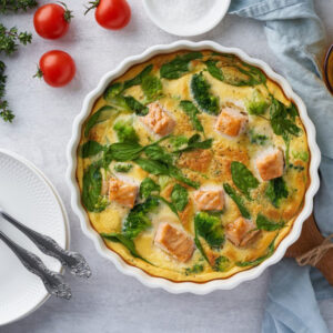 Salmon quiche on a brunch table