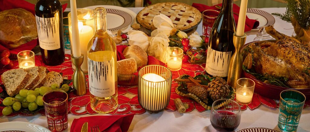 A table set for Christmas dinner.