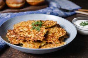 Latkes on a blue plate