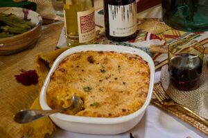 Mac and cheese on the table for Kwanzaa dinner.