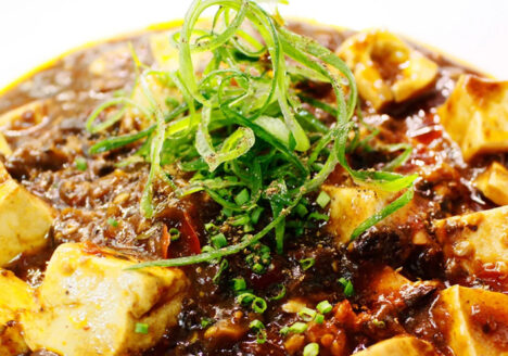 Vibrantly colored bowl of mapo tofu with thinly sliced green onions on top