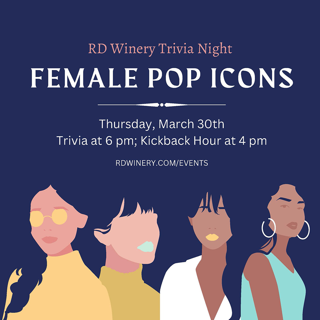 Image for Female Pop Icon trivia night with illustration of 4 women.