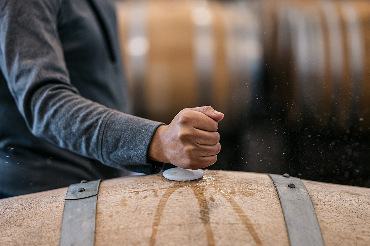 Fist punching down barrel bung.