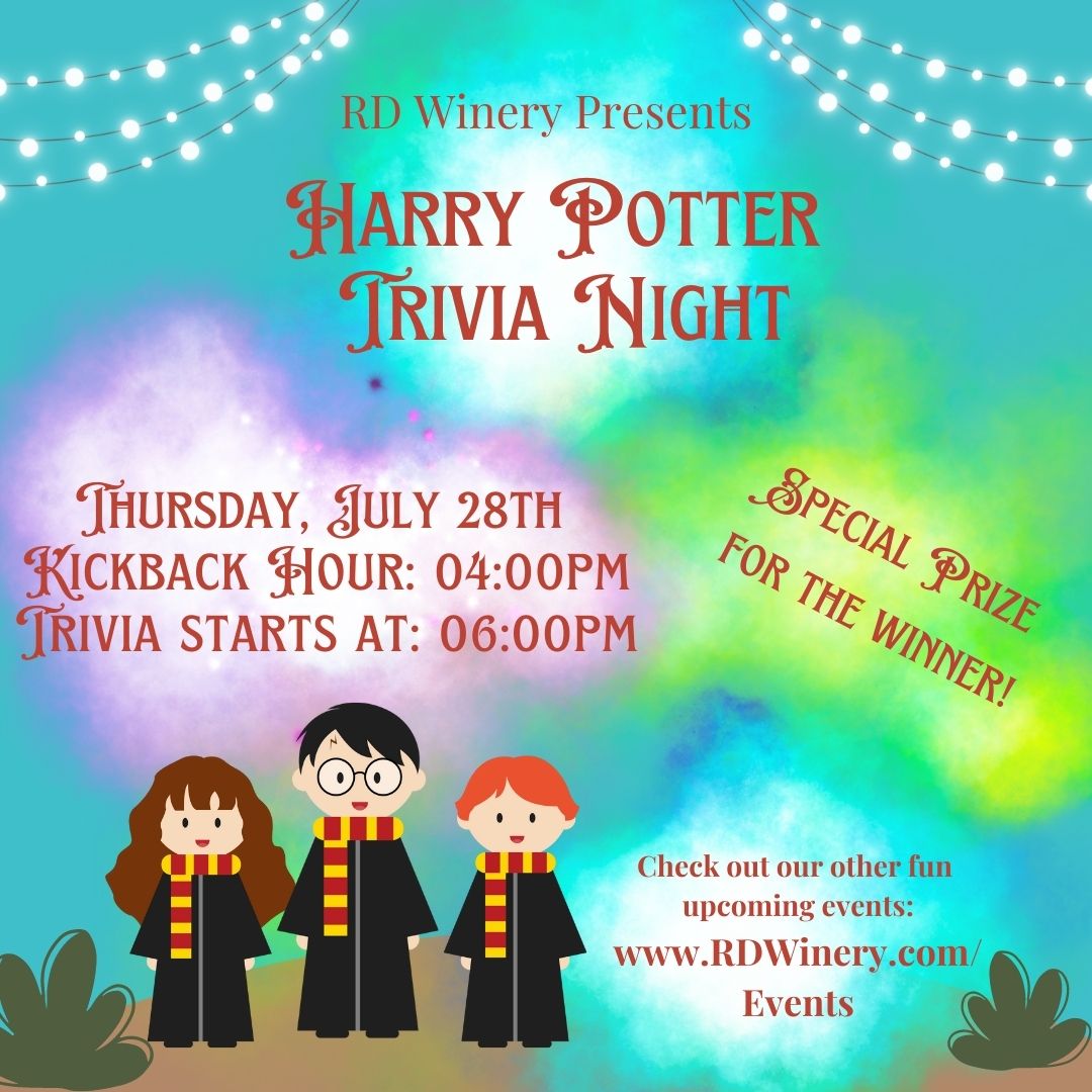 Harry Potter trivia night graphic with cartoon versions of Harry Potter characters