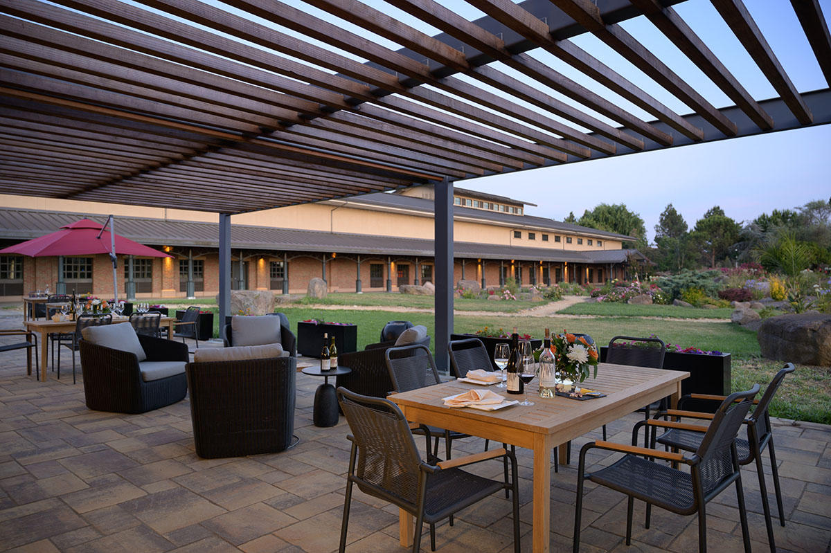 Empty patio at sunset