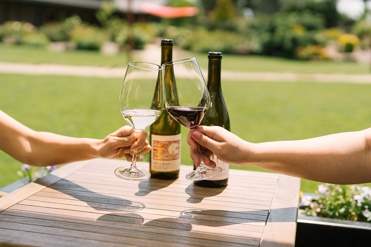 Toasting white and red wine glasses