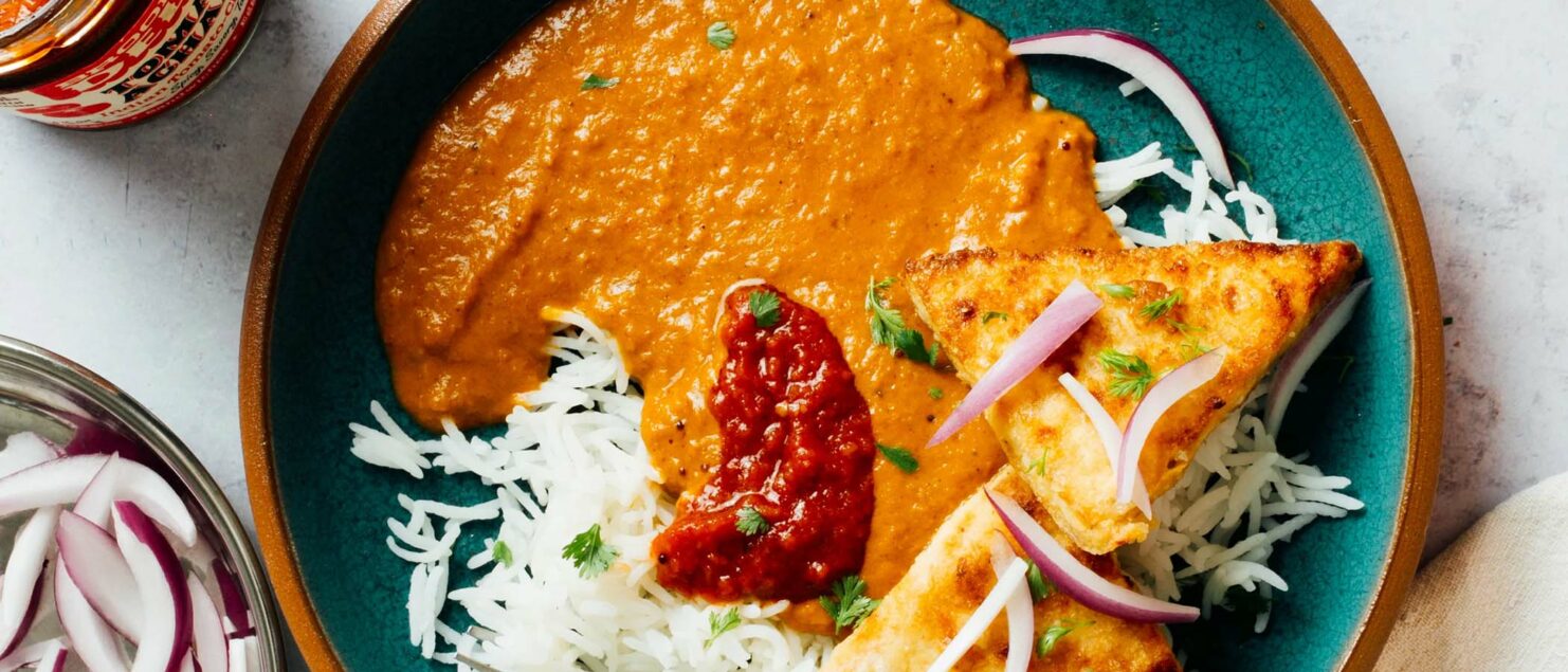 Brooklyn Delhi Tofu Curry on a turquoise plate