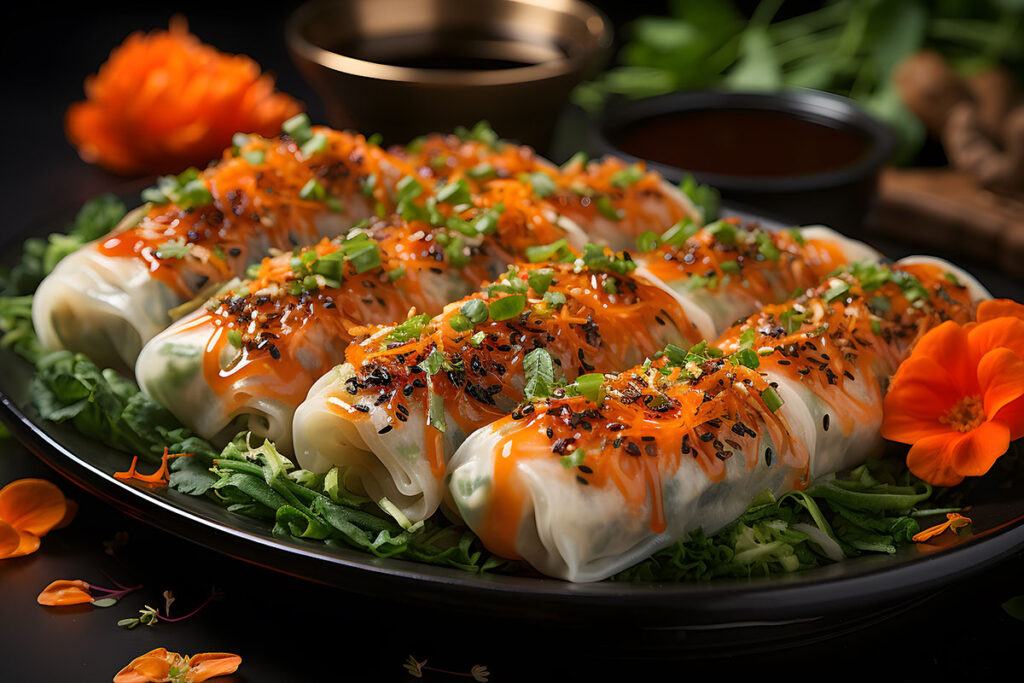 A row of spring rolls on greens on a black plate with orange sauce