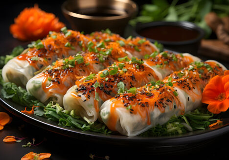 A row of spring rolls on greens on a black plate with orange sauce