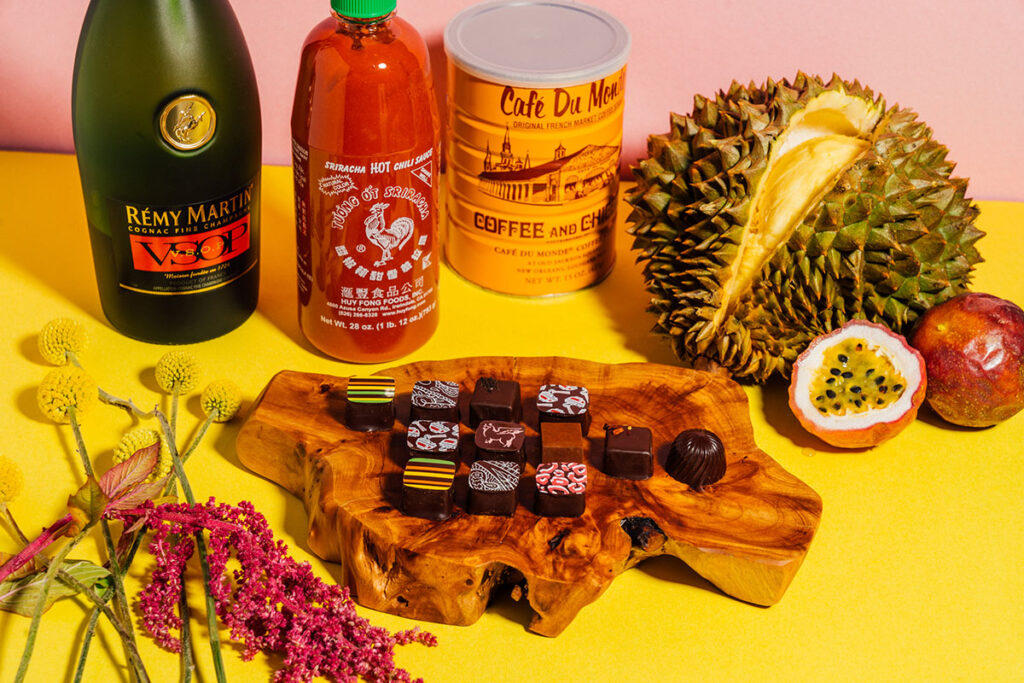 Still life with socola chocolates and the ingredients that make them