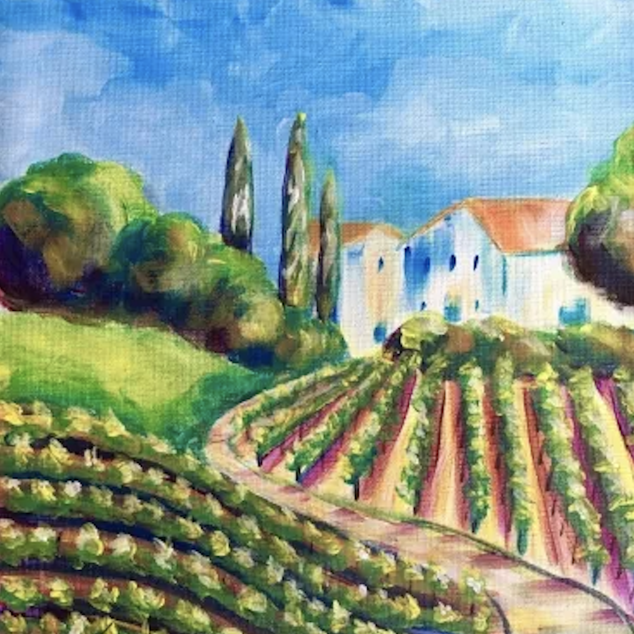 Painting of rolling hills and vineyard