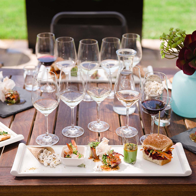 Asian food and wine pairing on an outdoor table