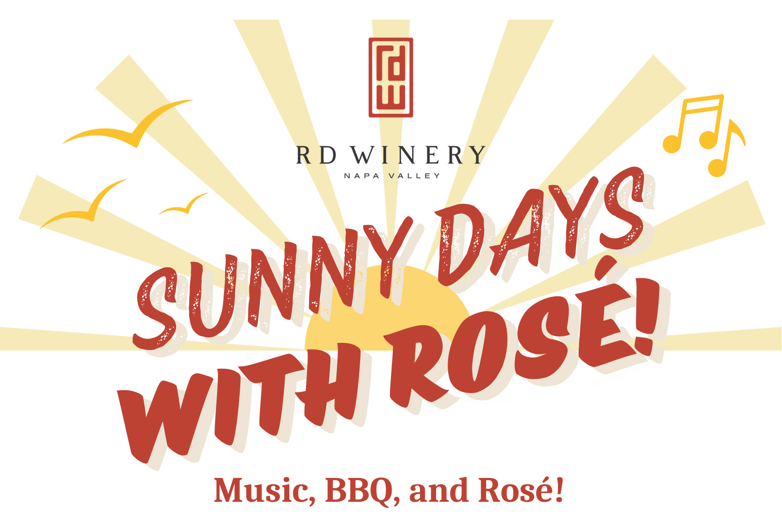 Illustration with sun rays and red text that says Sunny Days with Rosé