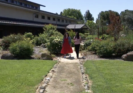 Two women walking through winery garden