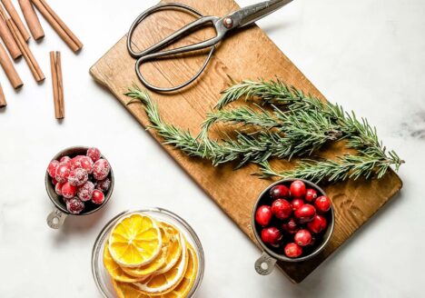 ingredients for cranberry potpourri on a cutting board and marble counter